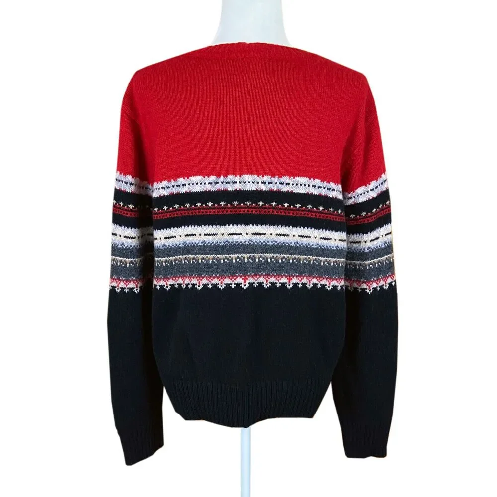 Vintage St. John's Bay Washable Lambswool Sweater Size L Red Black Gray Nordic